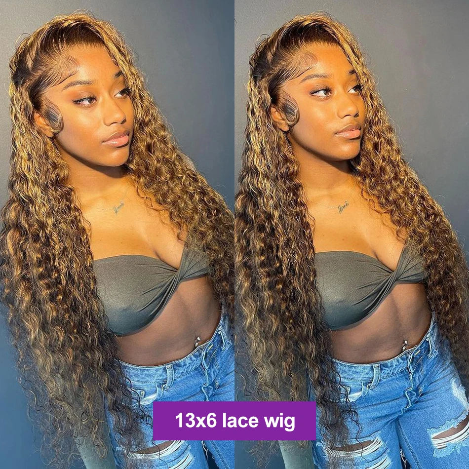 Curly Highlight Wig Human Hair Honey Blonde