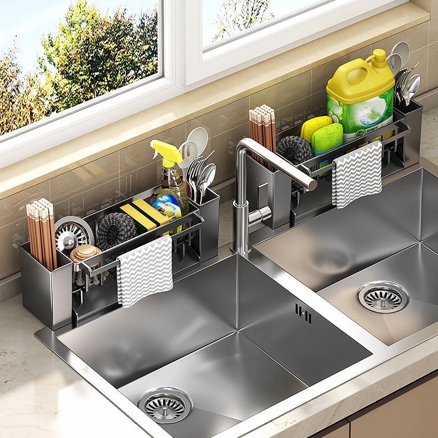 Multi-Purpose Kitchen Sink Organizer with Sponge & Brush Holder