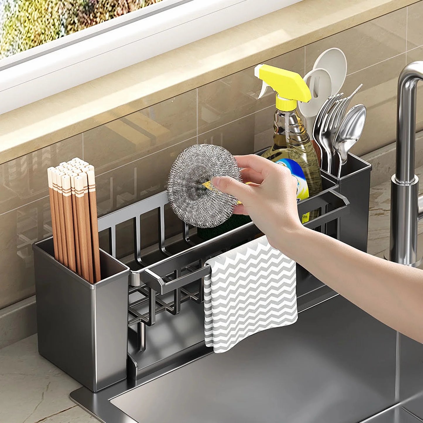Multi-Purpose Kitchen Sink Organizer with Sponge & Brush Holder