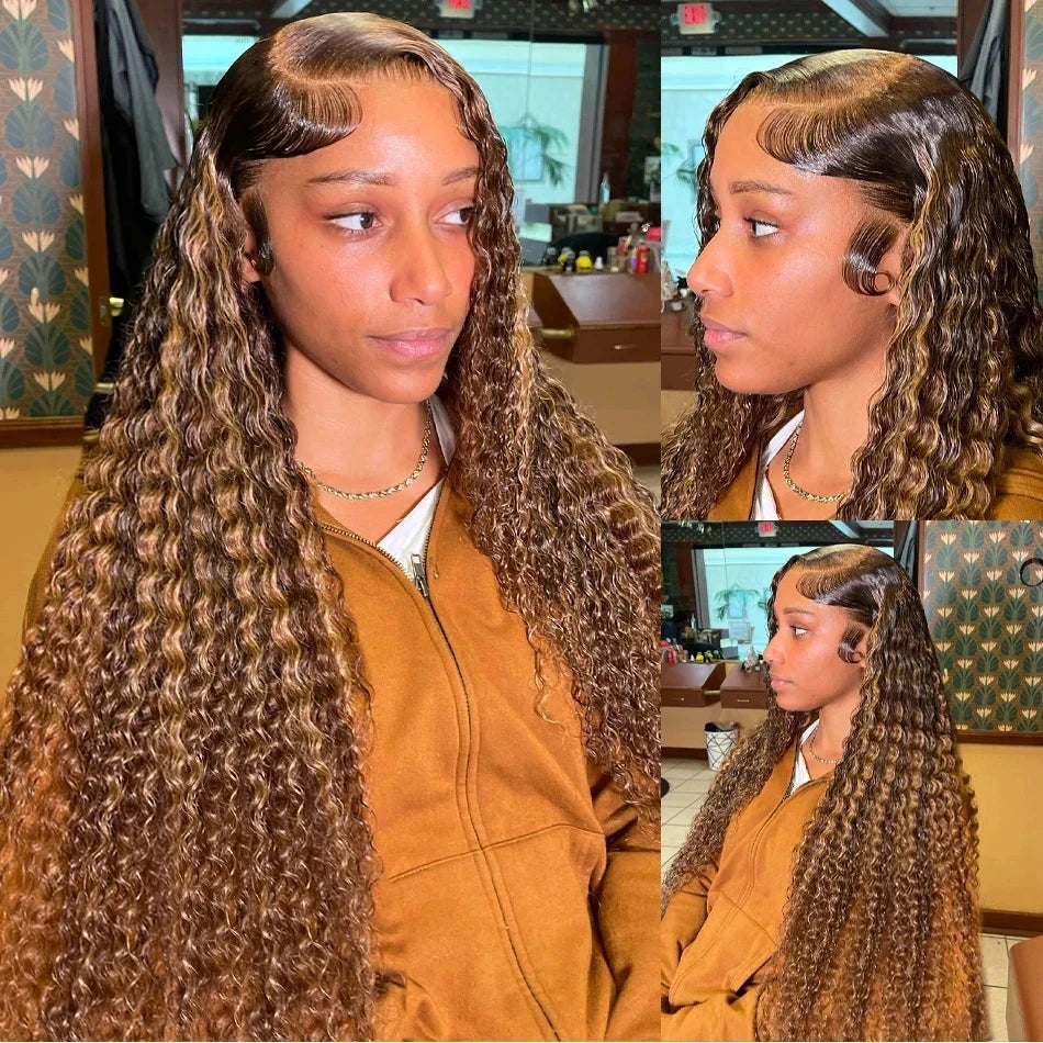 Curly Highlight Wig Human Hair Honey Blonde