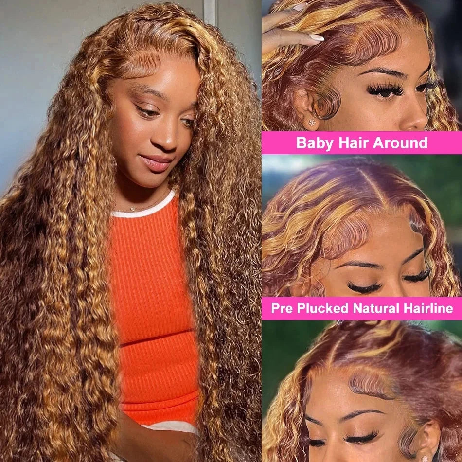 Curly Highlight Wig Human Hair Honey Blonde