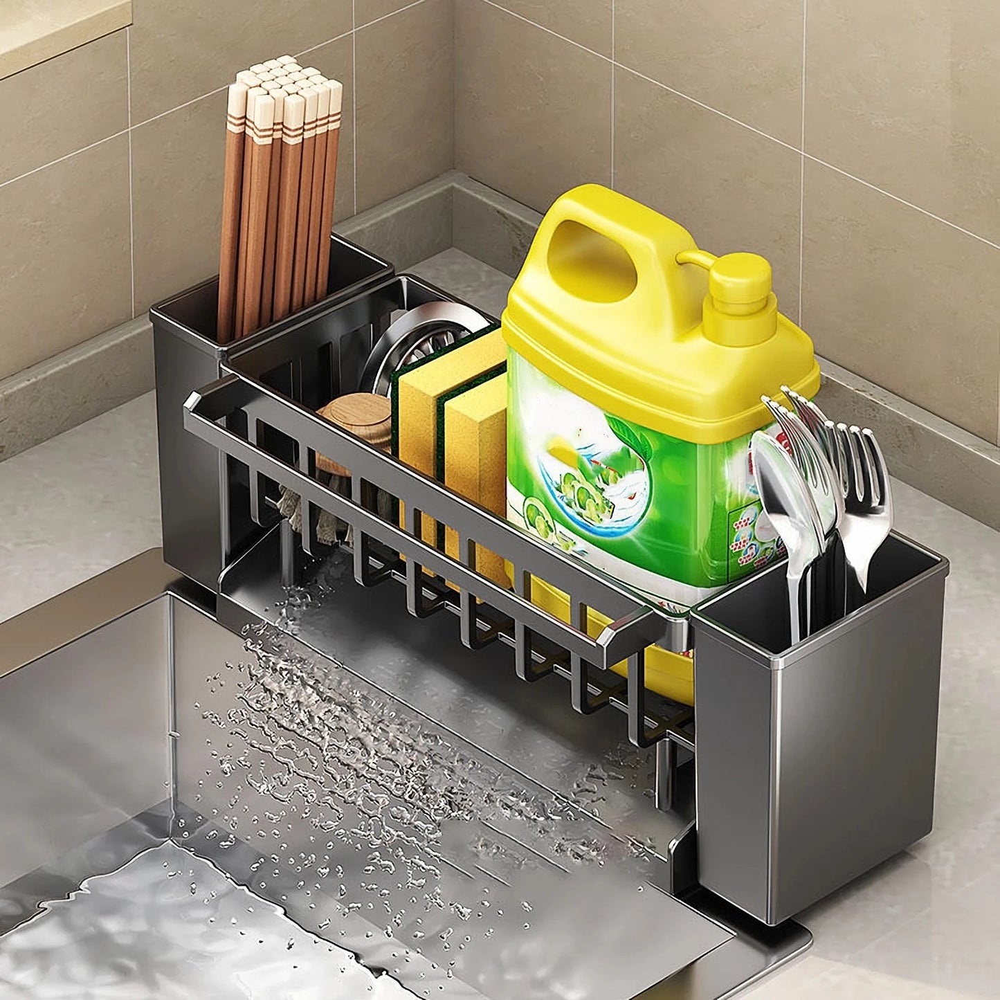 Multi-Purpose Kitchen Sink Organizer with Sponge & Brush Holder