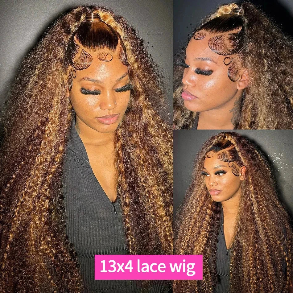 Curly Highlight Wig Human Hair Honey Blonde