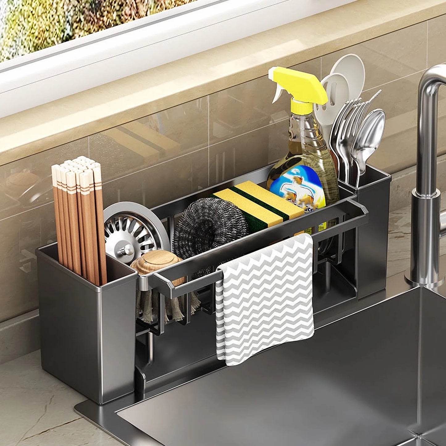 Multi-Purpose Kitchen Sink Organizer with Sponge & Brush Holder