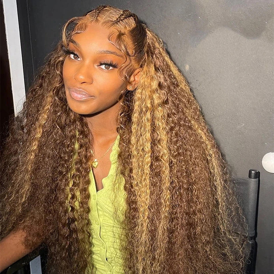 Curly Highlight Wig Human Hair Honey Blonde