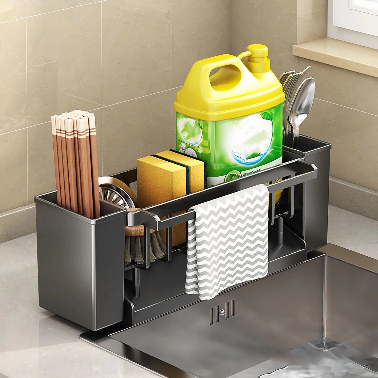 Multi-Purpose Kitchen Sink Organizer with Sponge & Brush Holder